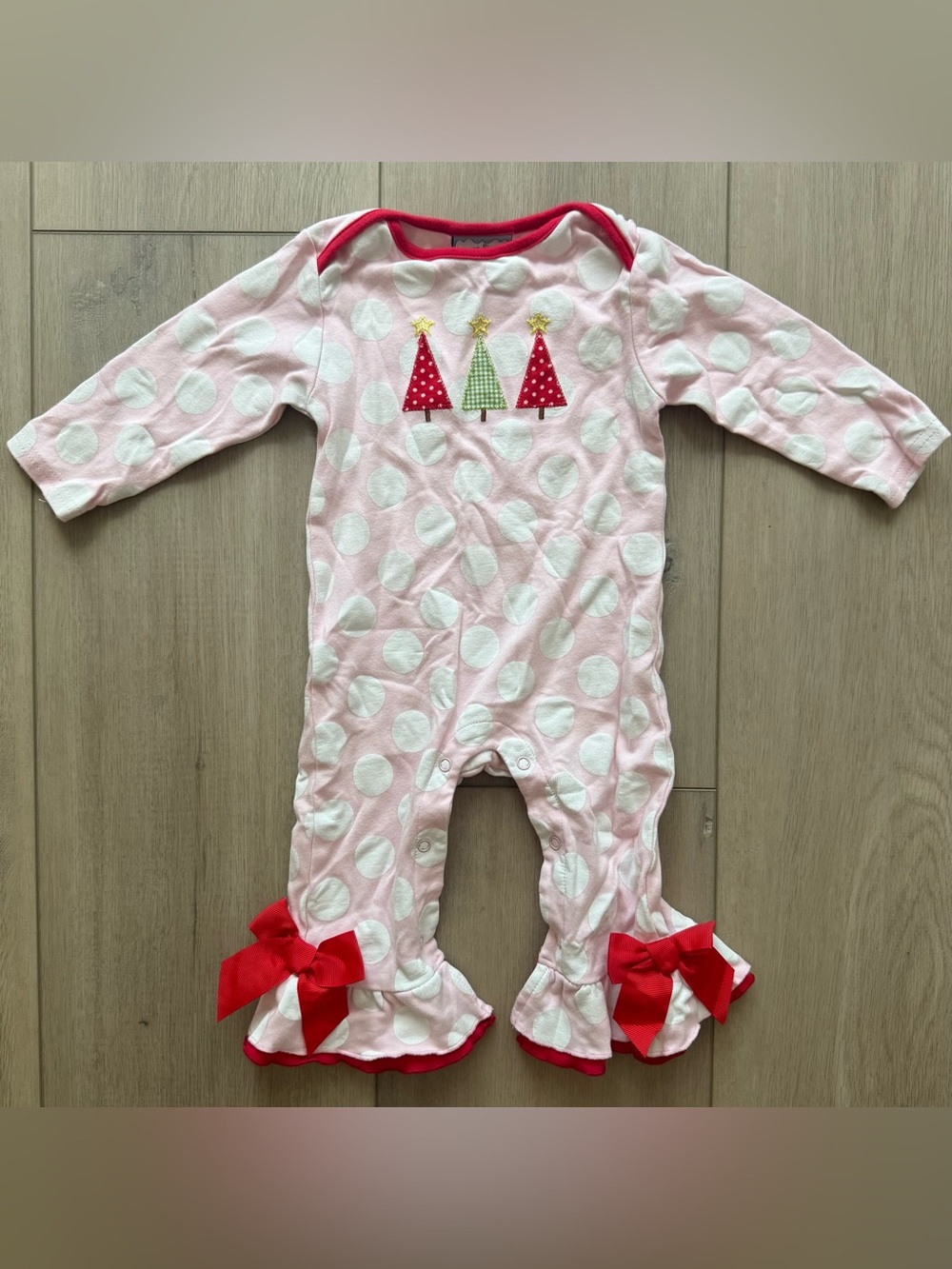 Three Sisters Toddler Holiday Romper with Red Bow Accents